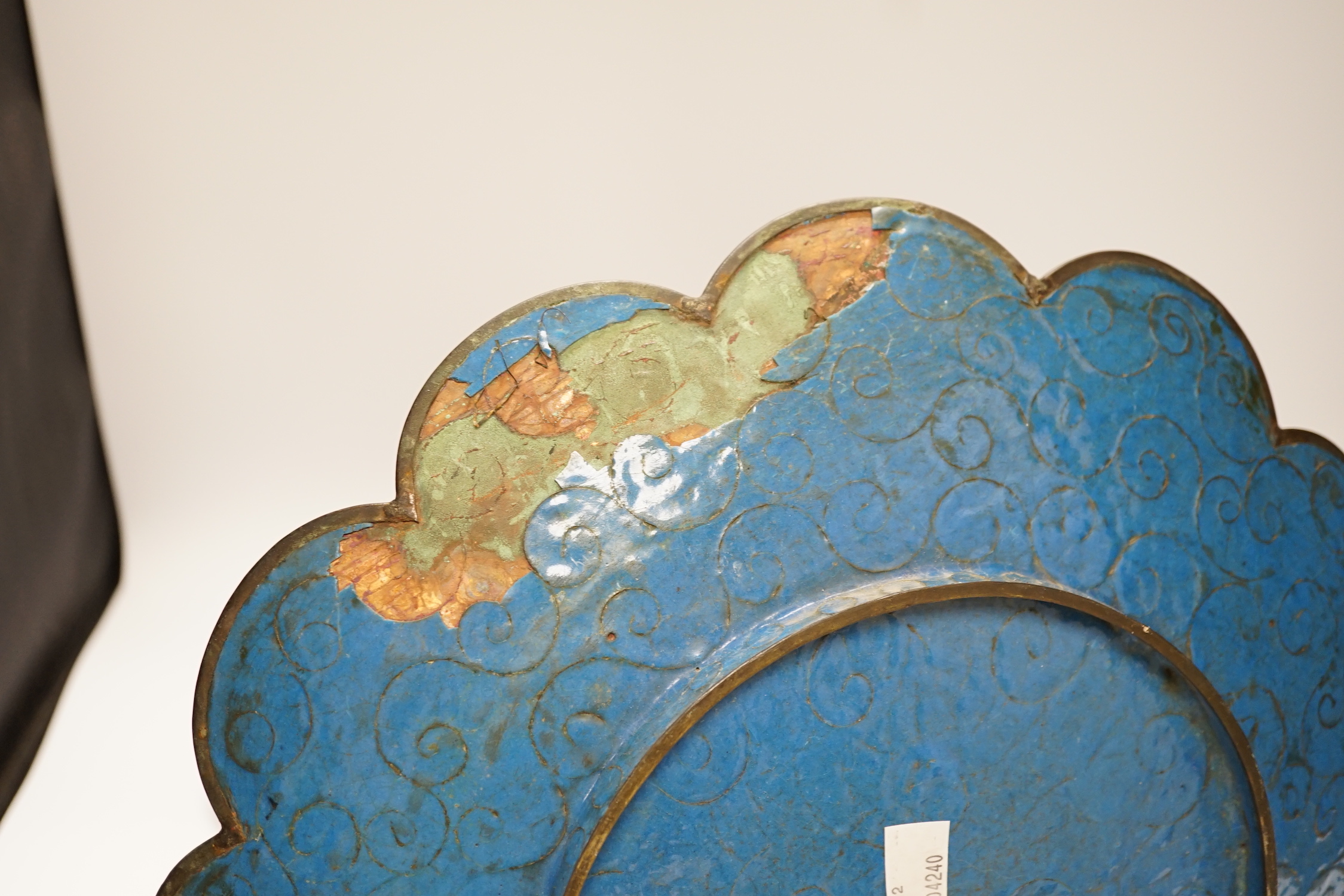 A pair of Japanese Meiji period petal rimmed cloisonné dishes, 37cm